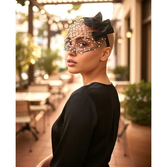 Vtg 1950s 60s Beaded Snood Hair Net Pearl AB Crystal Satin Bows Comb Fascinator main image 9